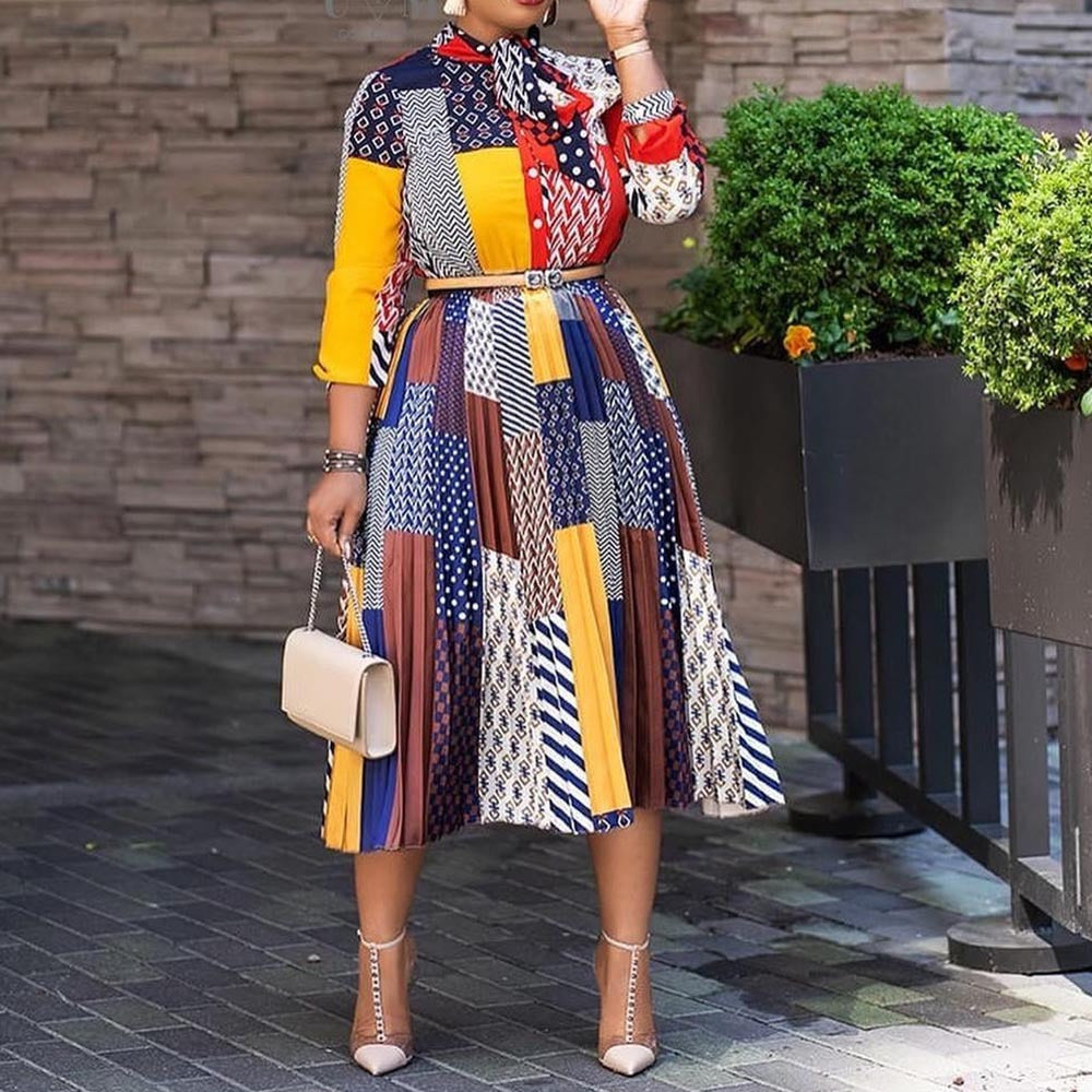 Elegant Long Sleeve Midi Dress with Bow Detail Blue
