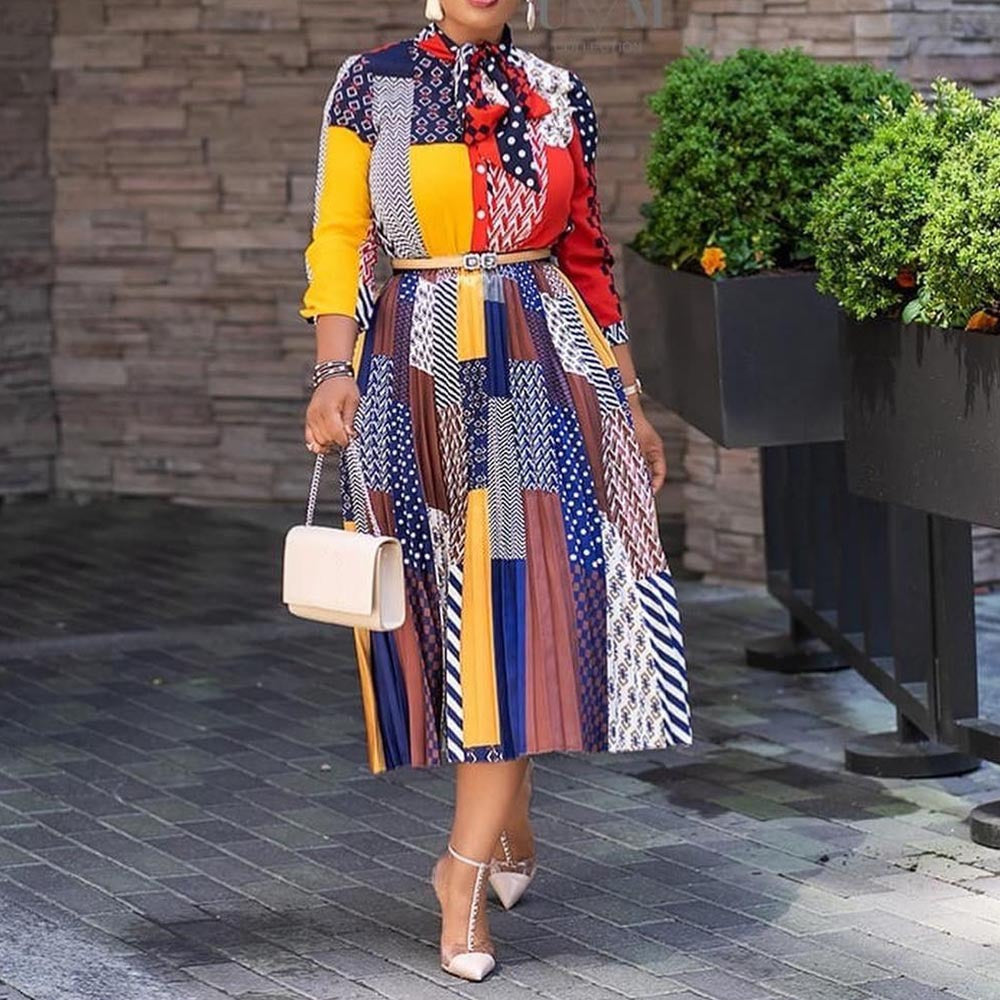 Elegant Long Sleeve Midi Dress with Bow Detail Blue