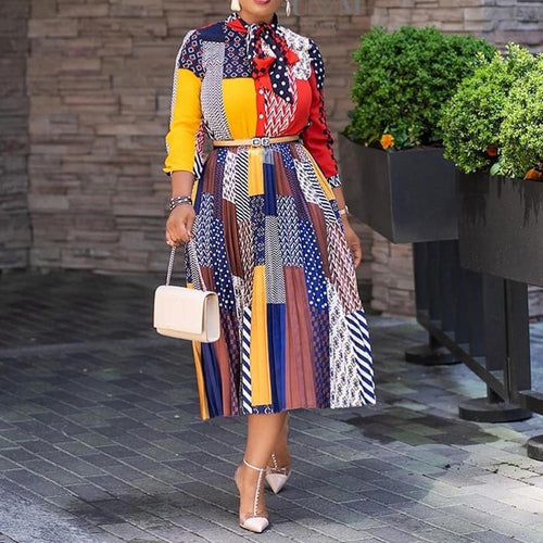 Elegant Long Sleeve Midi Dress with Bow Detail Blue