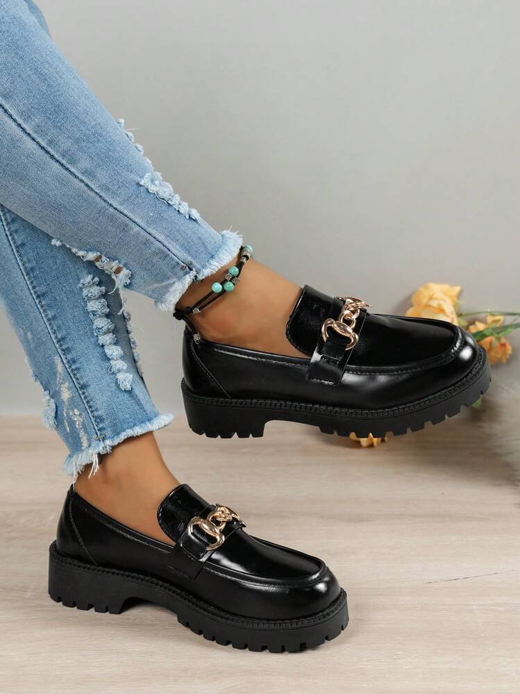 JK Style Women's Casual Flat Leather Shoes in Black