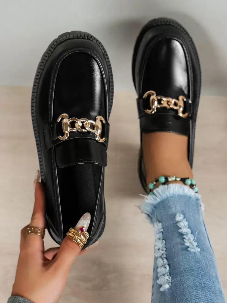 JK Style Women's Casual Flat Leather Shoes in Black