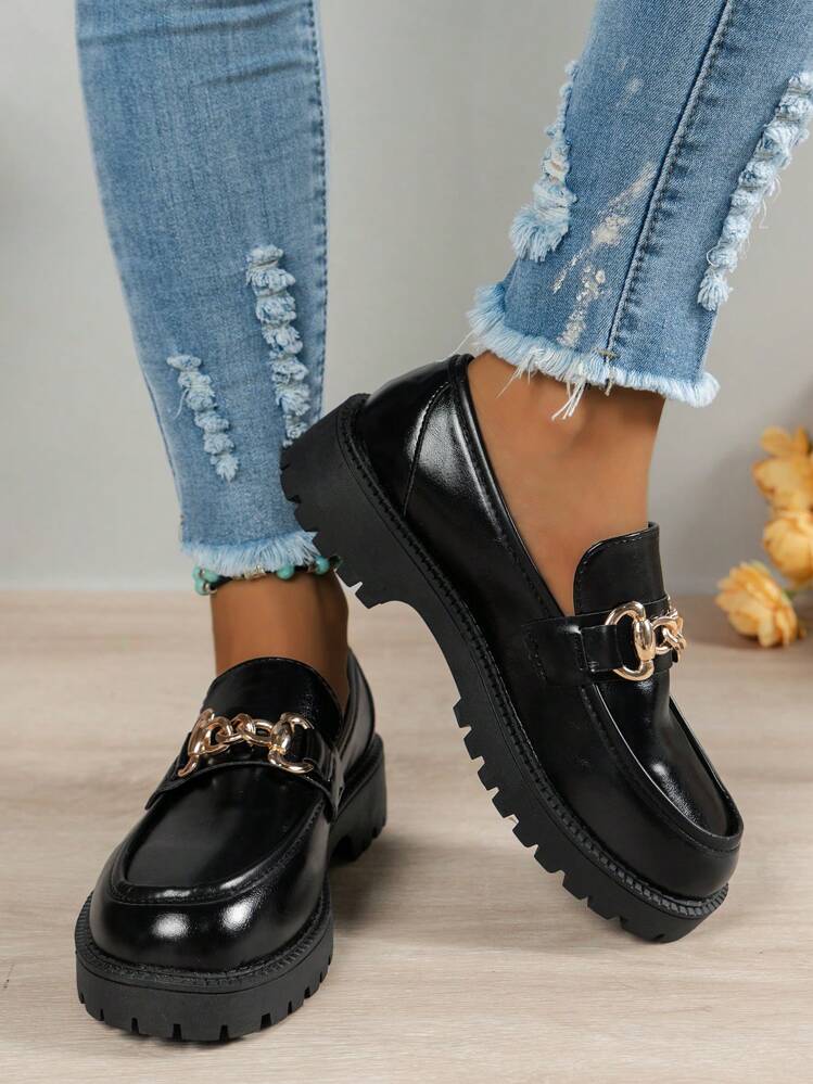 JK Style Women's Casual Flat Leather Shoes in Black