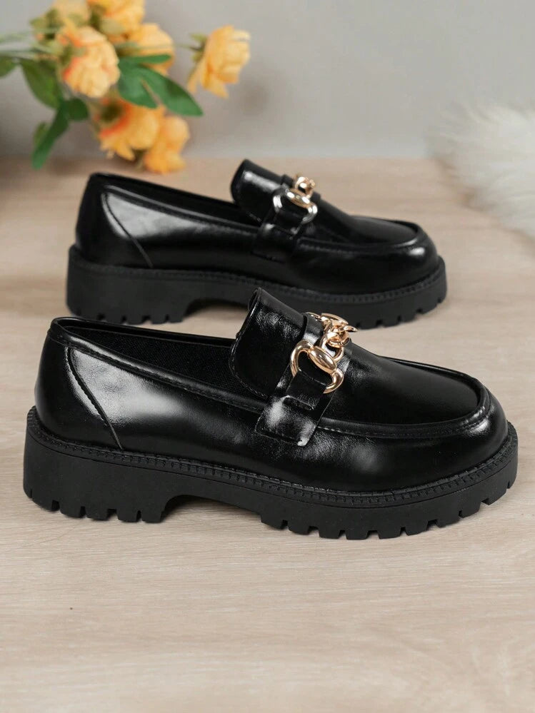 JK Style Women's Casual Flat Leather Shoes in Black