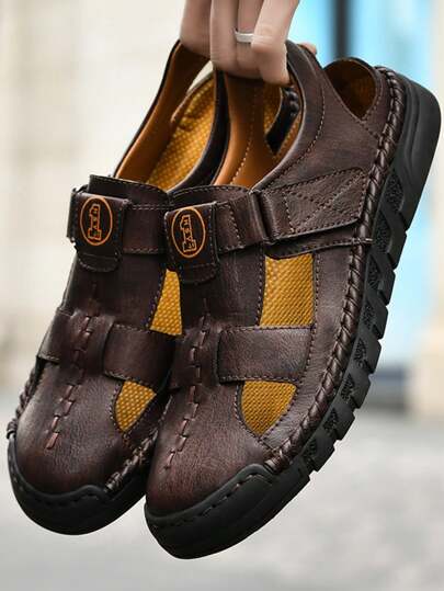 Korean Style Breathable Men's Roman Sandals Microfiber Leather Brown