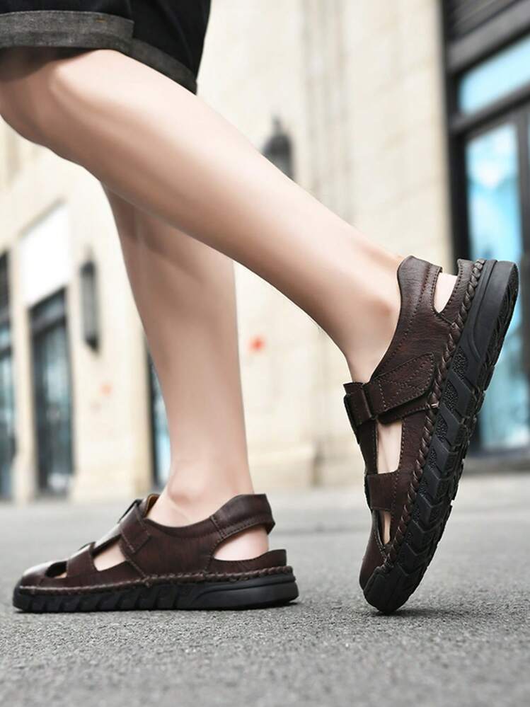 Korean Style Breathable Men's Roman Sandals Microfiber Leather Brown