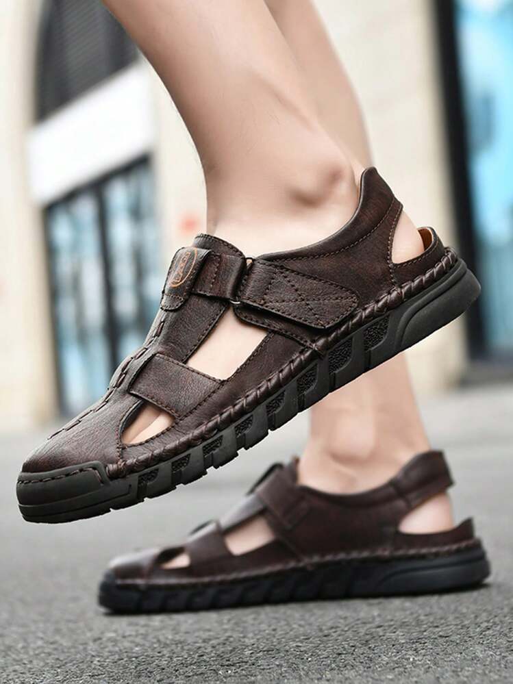 Korean Style Breathable Men's Roman Sandals Microfiber Leather Brown
