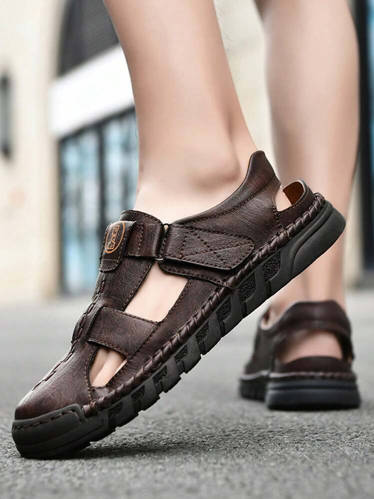 Korean Style Breathable Men's Roman Sandals Microfiber Leather Brown