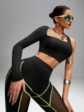 SHEIN Innovista Asymmetrical Long Sleeve Sport T-Shirt Black