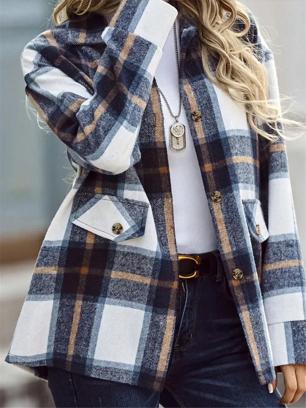 Women's Plaid Long Sleeve Button-Front Jacket Shirt Plus Size