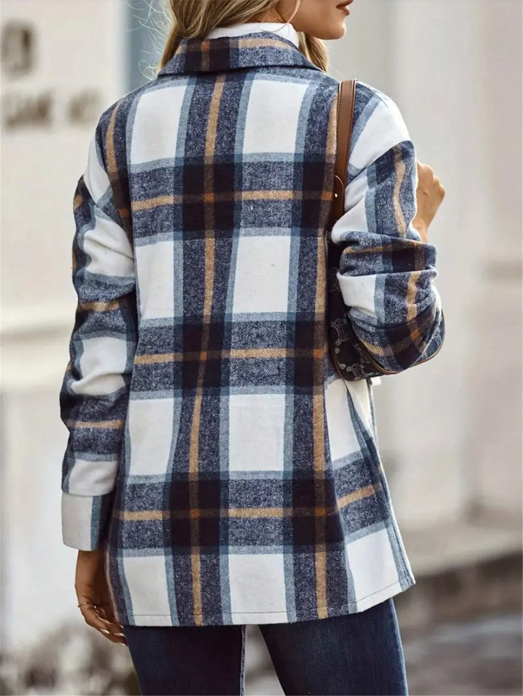 Women's Plaid Long Sleeve Button-Front Jacket Shirt Plus Size