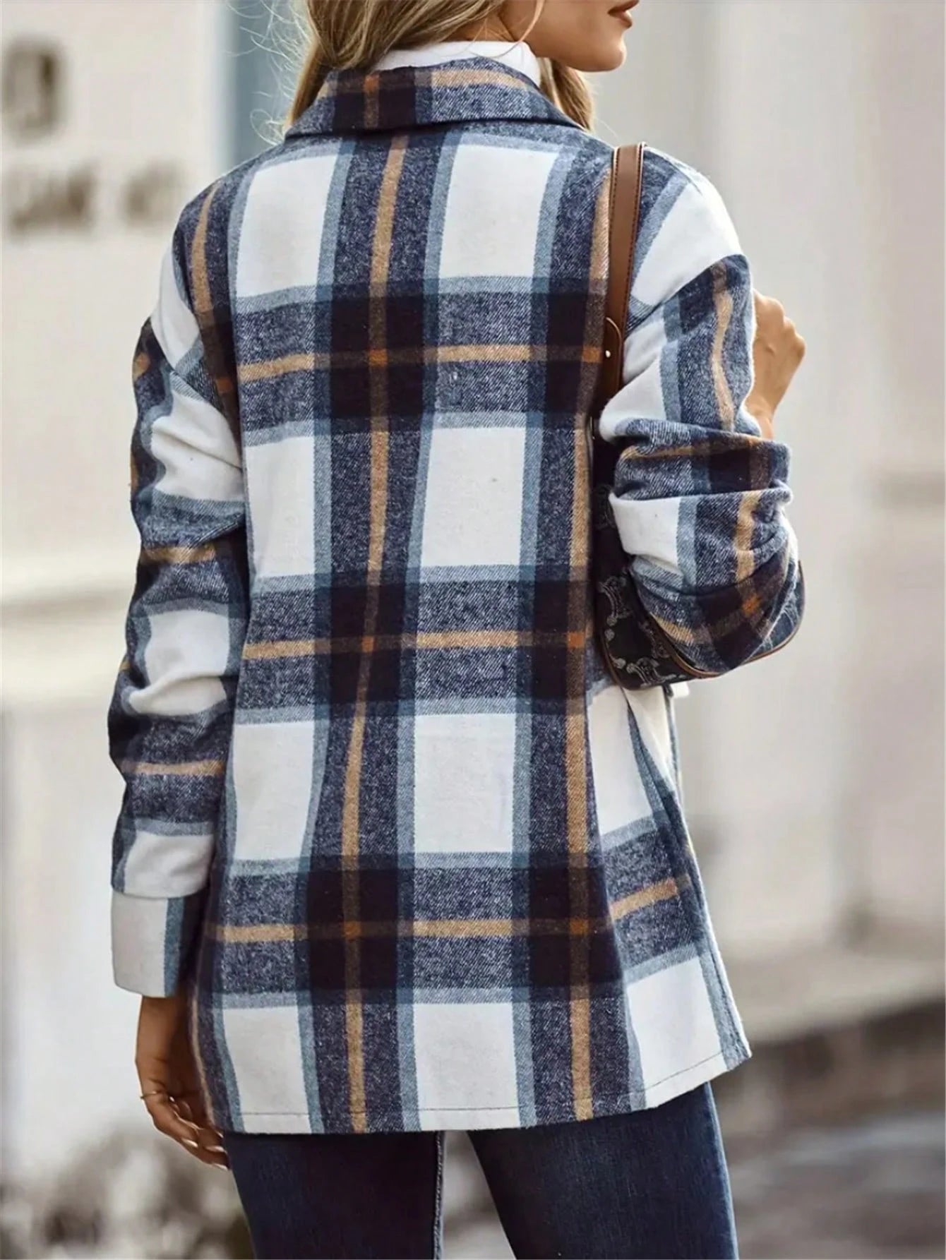 Women's Plaid Long Sleeve Button-Front Jacket Shirt Plus Size