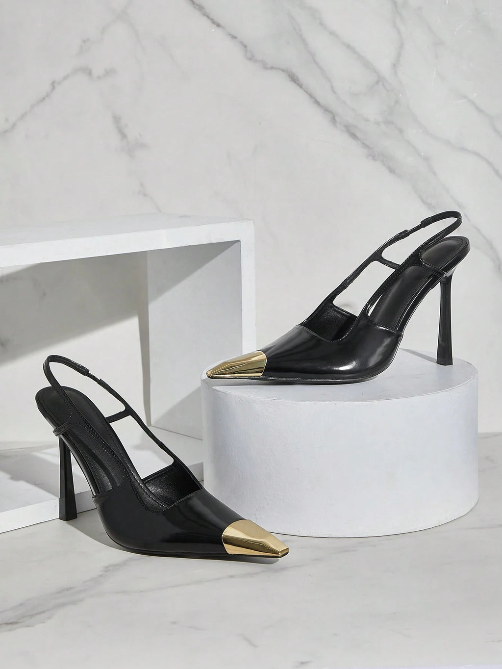 SHUZIA Stiletto Slingback Pumps Gold Decor Pointed Toe Black