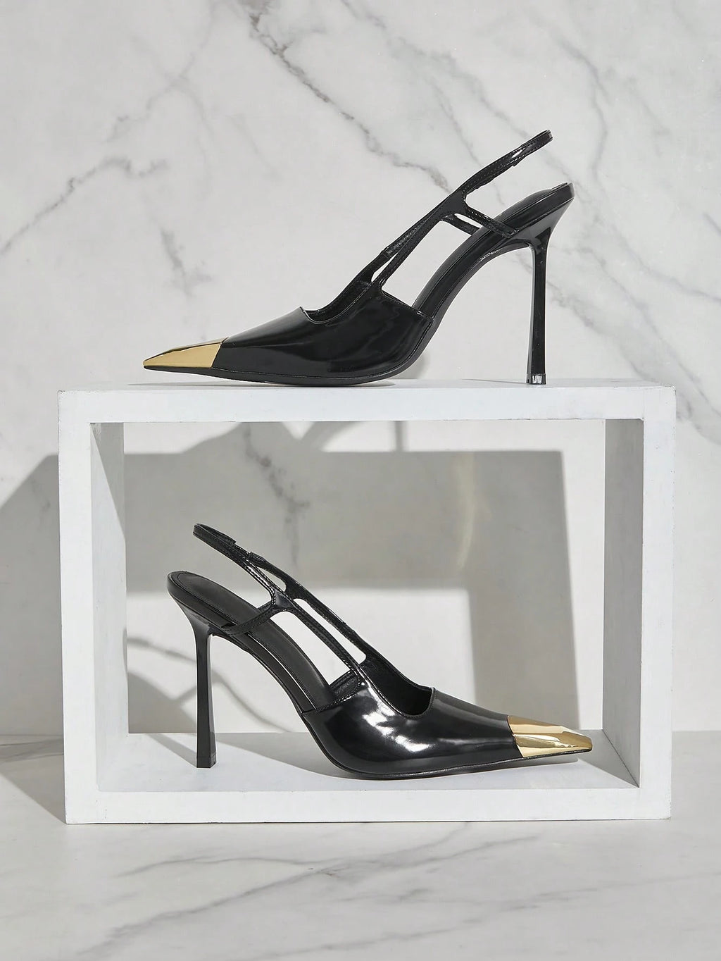 SHUZIA Stiletto Slingback Pumps Gold Decor Pointed Toe Black
