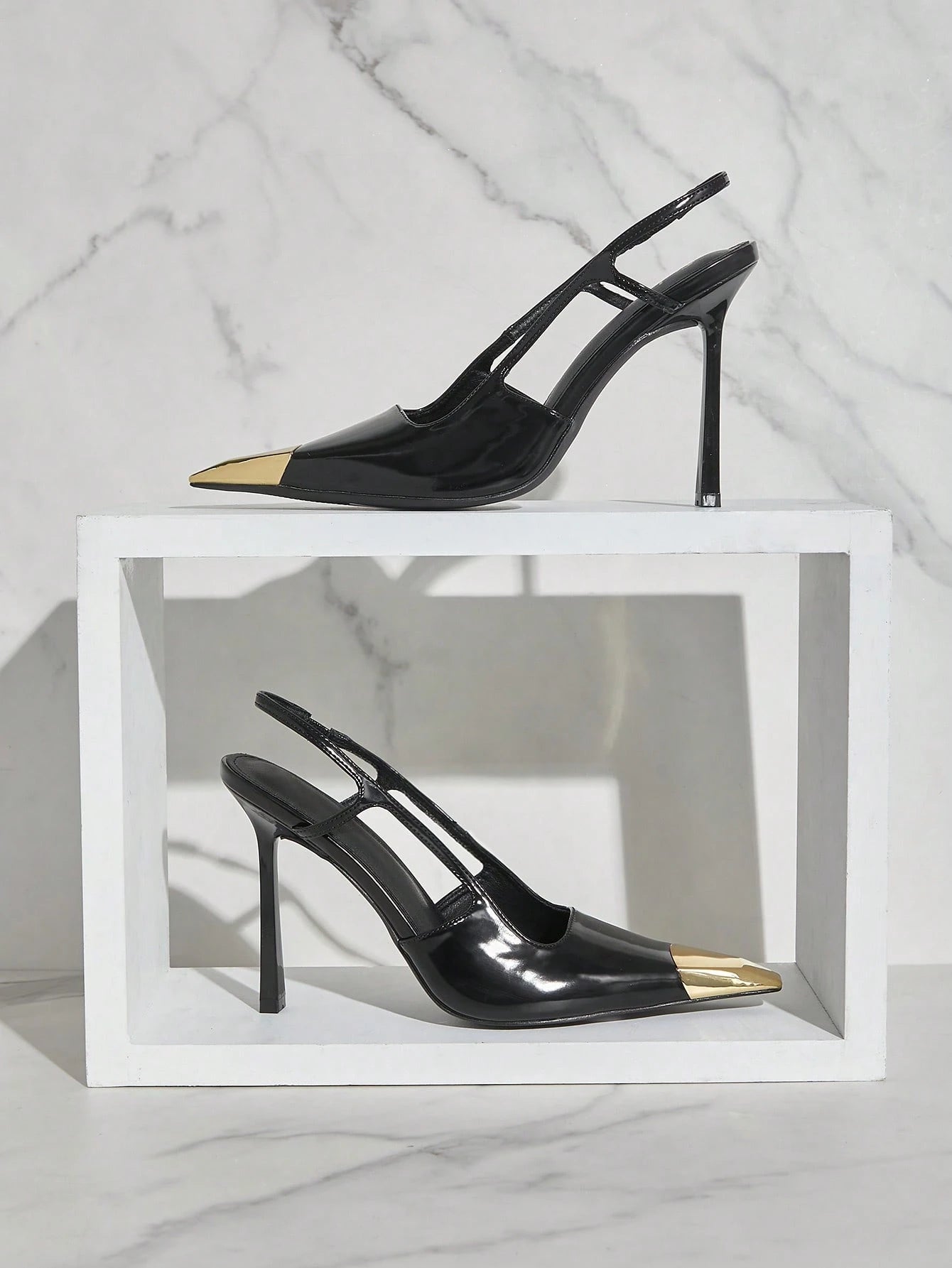 SHUZIA Stiletto Slingback Pumps Gold Decor Pointed Toe Black