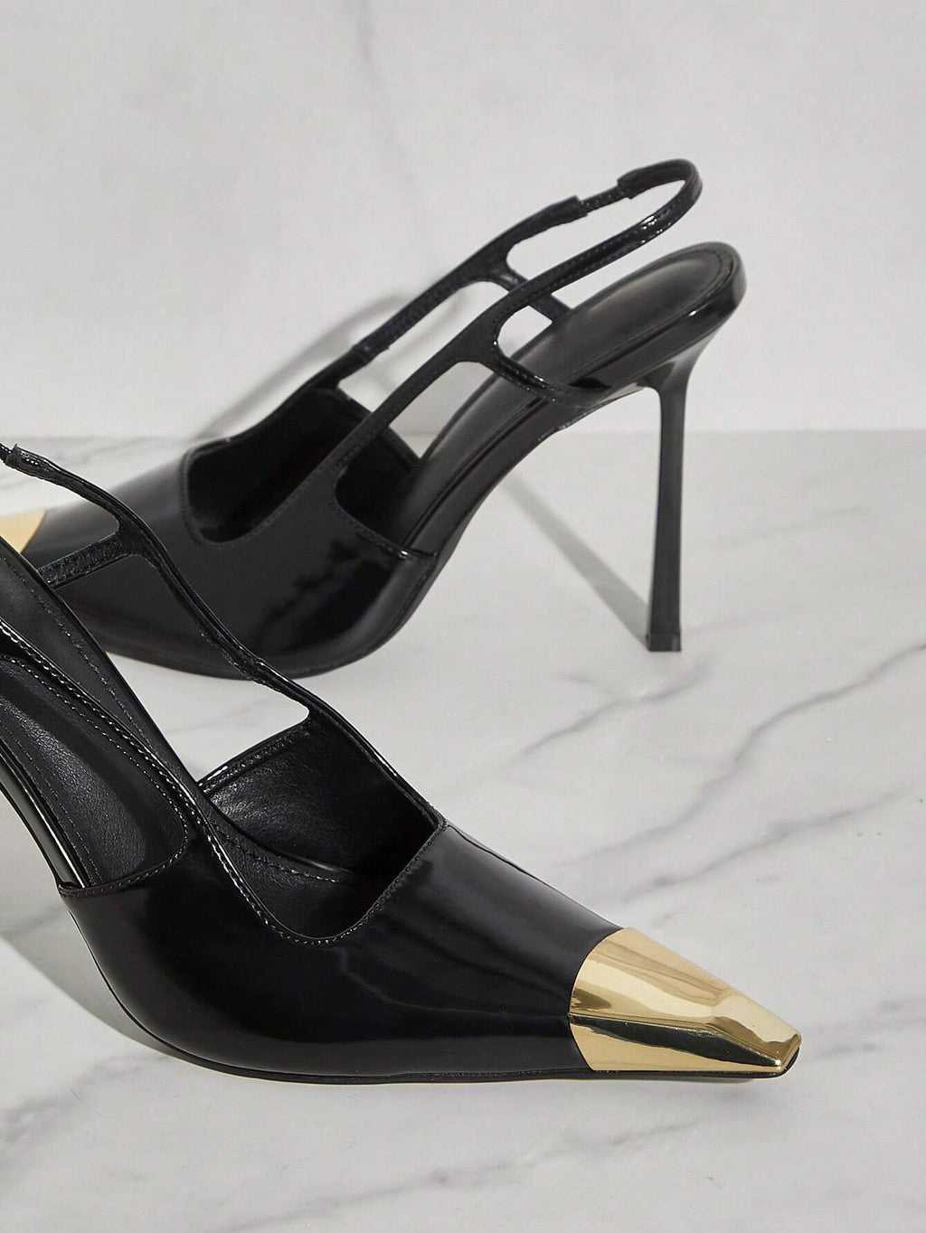 SHUZIA Stiletto Slingback Pumps Gold Decor Pointed Toe Black