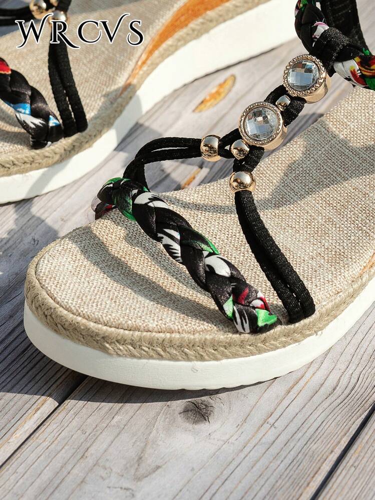 WRCVS Beige Woven Strap Platform Wedge Sandals Bohemian Style