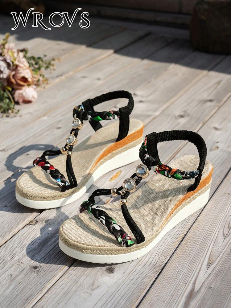 WRCVS Beige Woven Strap Platform Wedge Sandals Bohemian Style