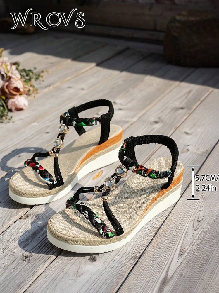 WRCVS Beige Woven Strap Platform Wedge Sandals Bohemian Style