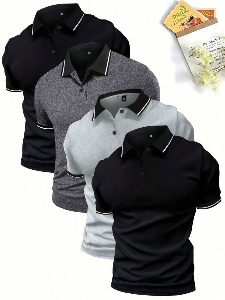 4 Pack Men's Short Sleeve Polo Shirt Set Knitted