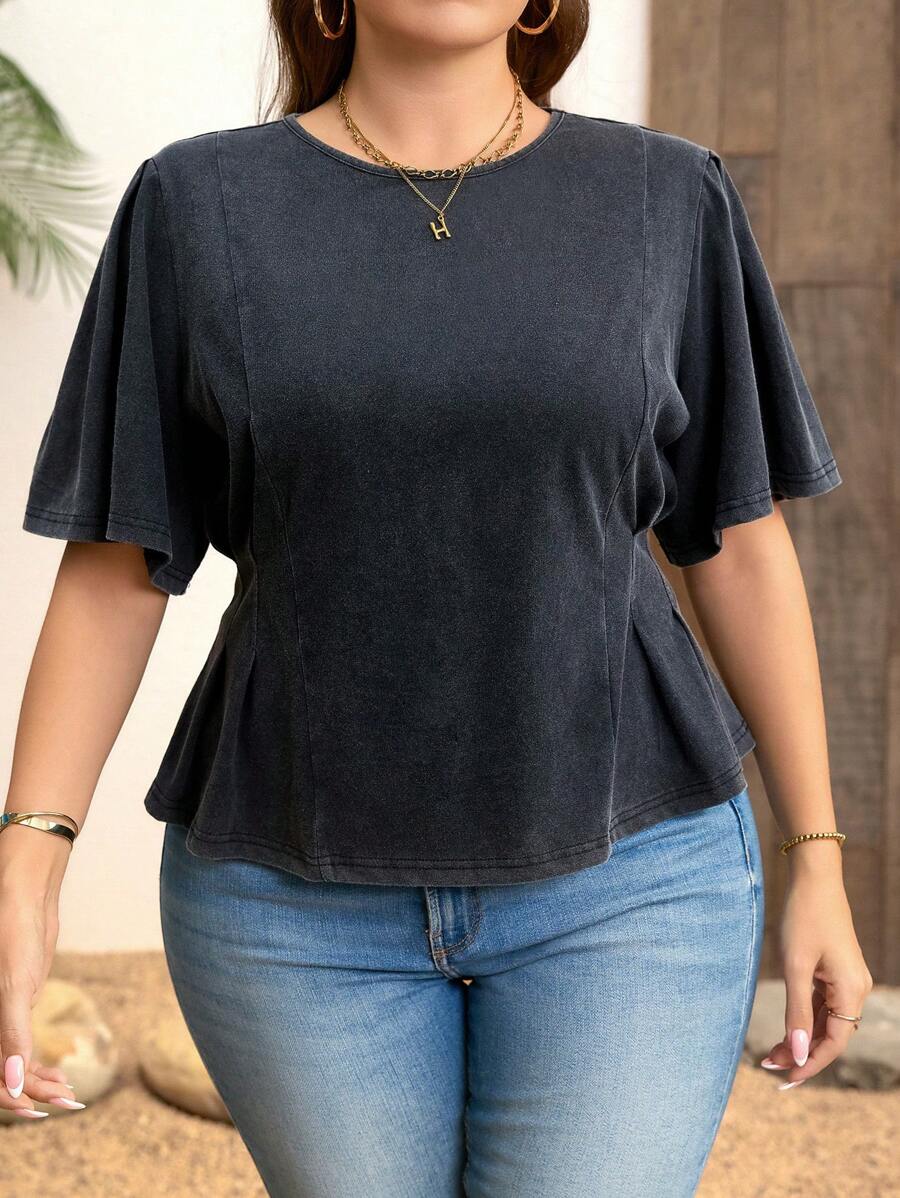 SHEIN Clasi Plus Size Washed T-Shirt Pleated Detail Dark Grey