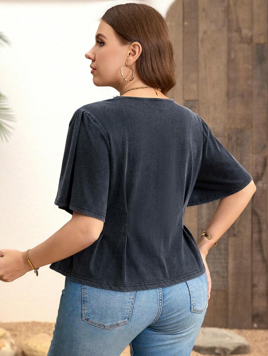 SHEIN Clasi Plus Size Washed T-Shirt Pleated Detail Dark Grey