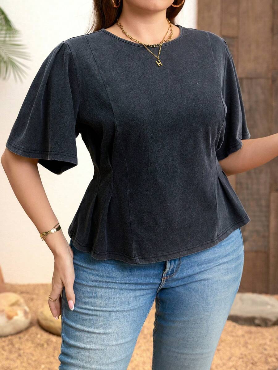 SHEIN Clasi Plus Size Washed T-Shirt Pleated Detail Dark Grey