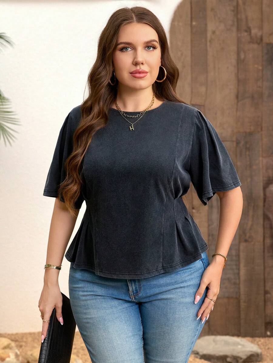 SHEIN Clasi Plus Size Washed T-Shirt Pleated Detail Dark Grey