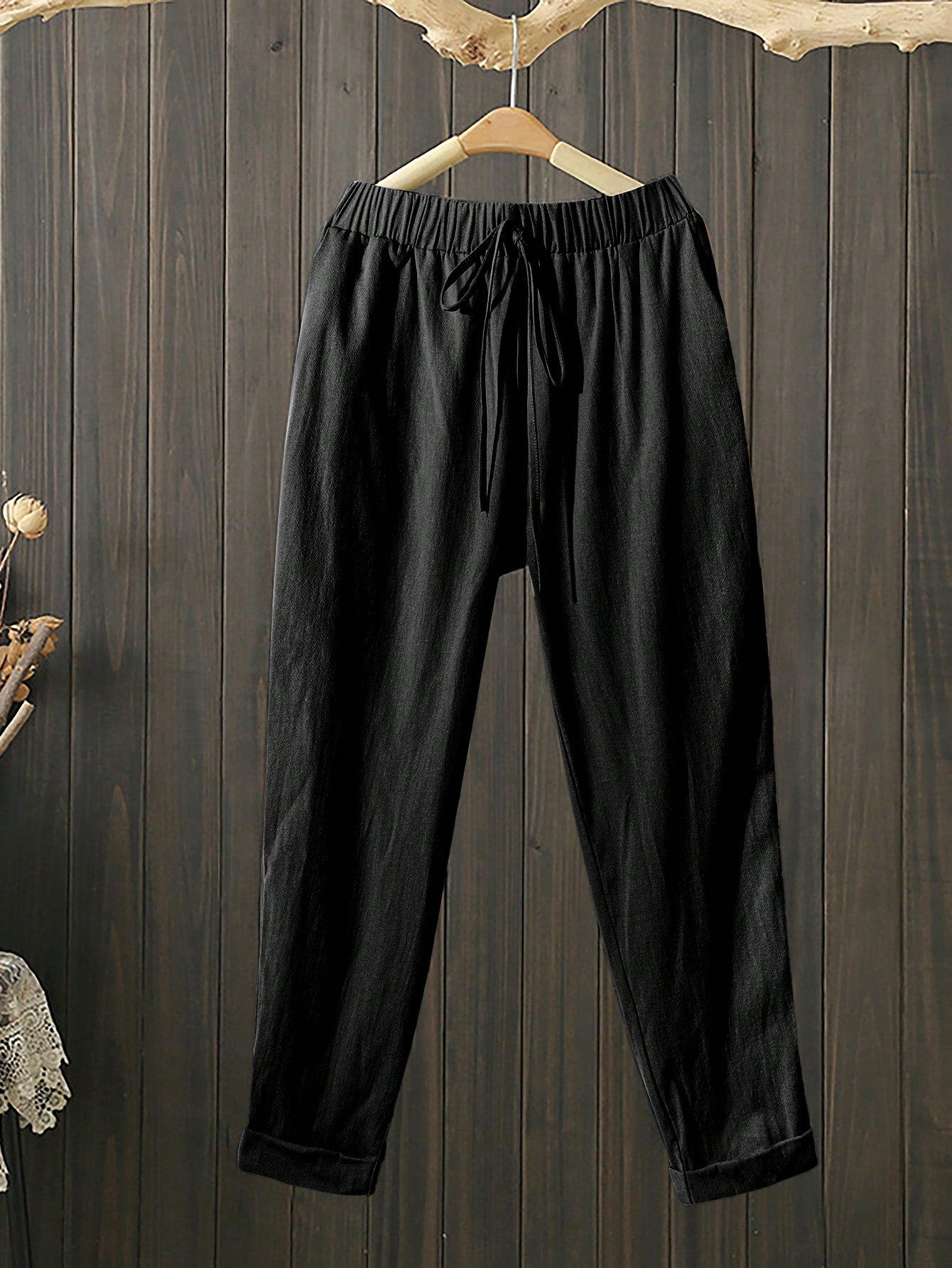 SHEIN LUNE Women's Plus Size Casual Loose Drawstring Pants Black