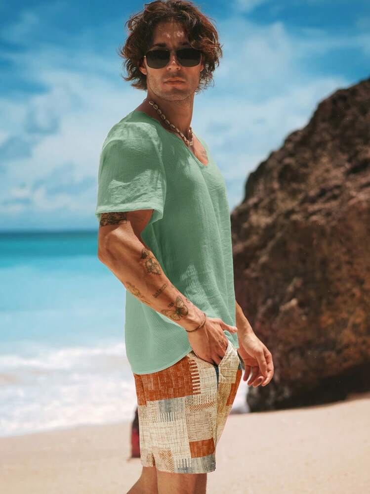 Manfinity VCAY Men's Casual Loose V-Neck Short Sleeve T-Shirt
