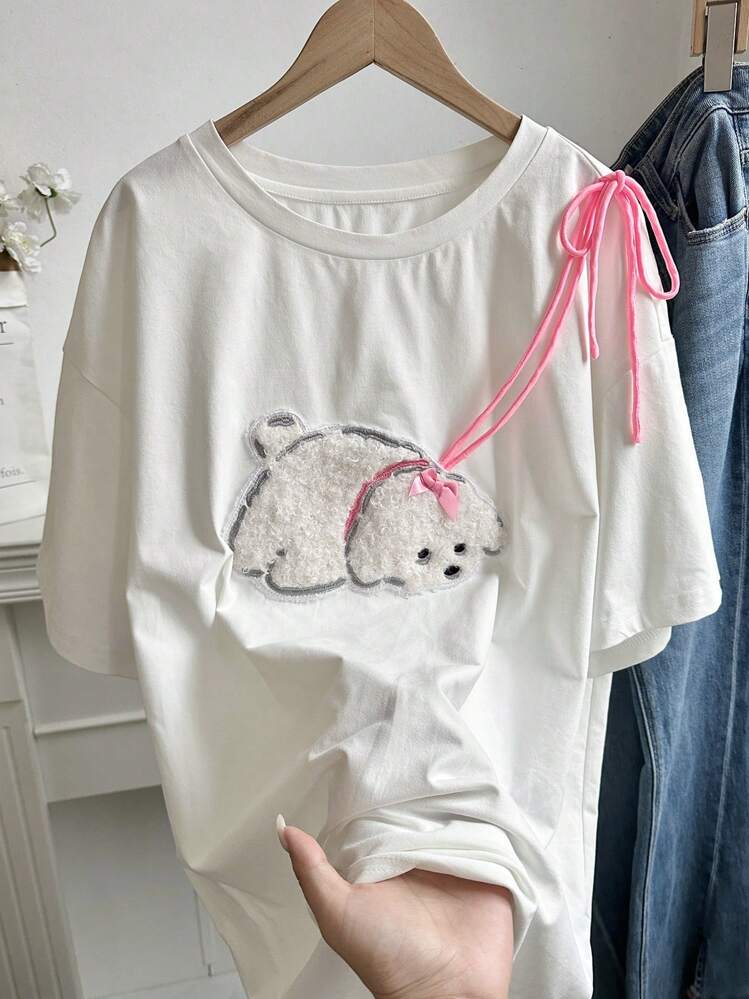SHEIN EZwear Plus Size Dog Patch Lace-Up Graphic T-Shirt