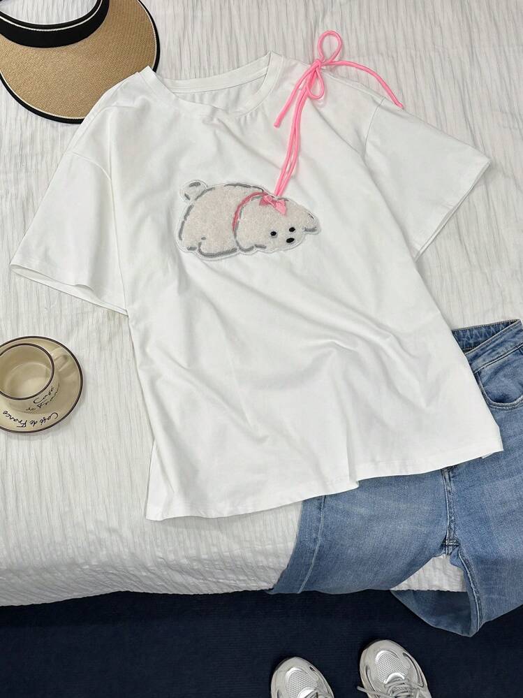 SHEIN EZwear Plus Size Dog Patch Lace-Up Graphic T-Shirt