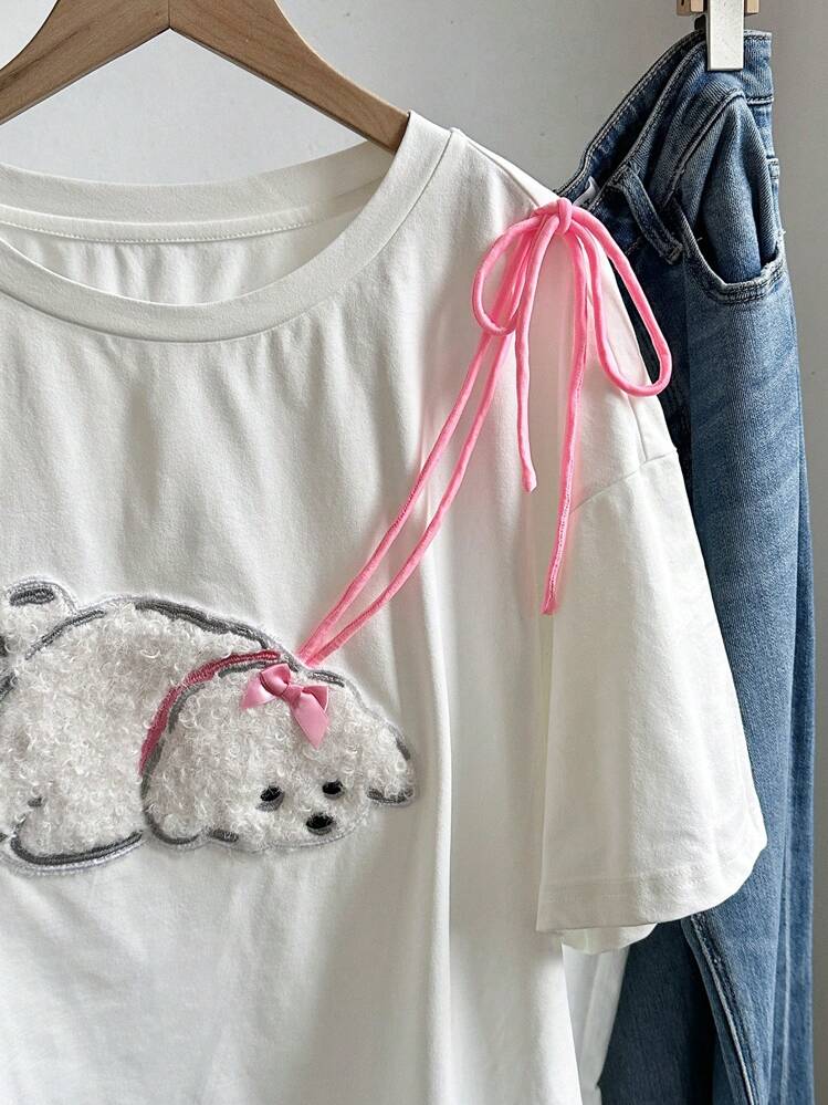 SHEIN EZwear Plus Size Dog Patch Lace-Up Graphic T-Shirt