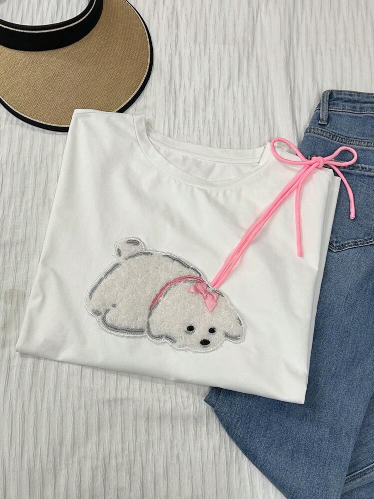 SHEIN EZwear Plus Size Dog Patch Lace-Up Graphic T-Shirt
