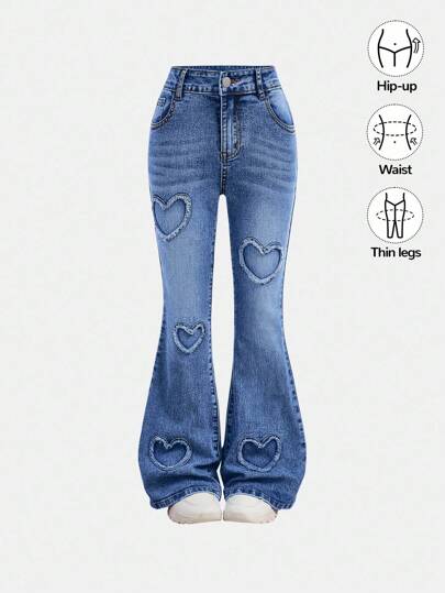 SHEIN Tween Girl Y2K Heart Pattern Stonewashed Flare Jeans