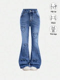 SHEIN Tween Girl Y2K Heart Pattern Stonewashed Flare Jeans