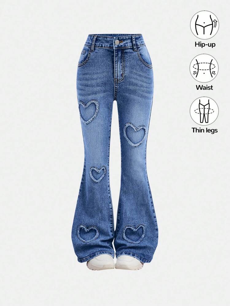SHEIN Tween Girl Y2K Heart Pattern Stonewashed Flare Jeans