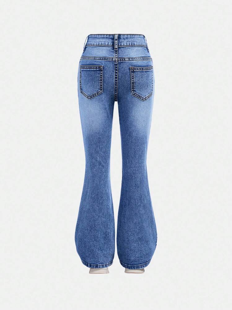 SHEIN Tween Girl Y2K Heart Pattern Stonewashed Flare Jeans