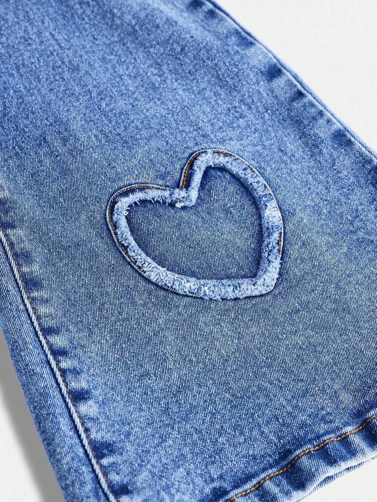 SHEIN Tween Girl Y2K Heart Pattern Stonewashed Flare Jeans
