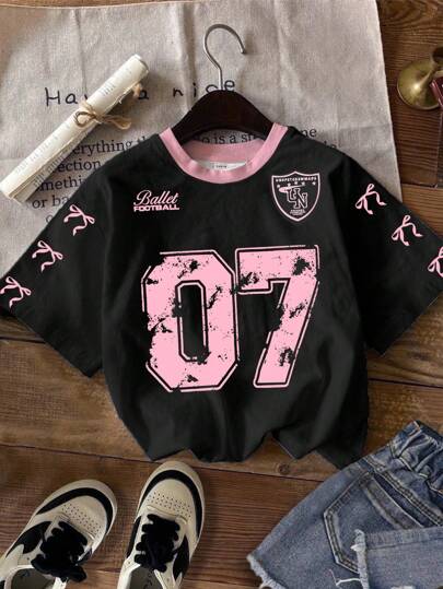 Teen Girls Oversized Graphic Jersey T-Shirt 07 Print Black Pink