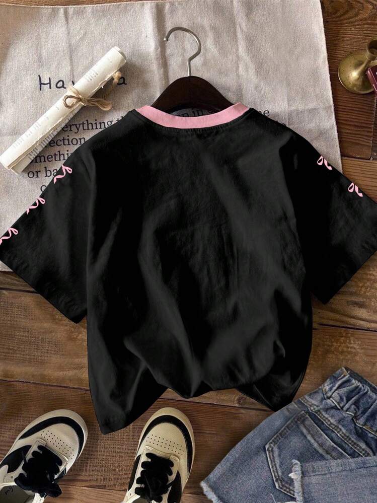 Teen Girls Oversized Graphic Jersey T-Shirt 07 Print Black Pink