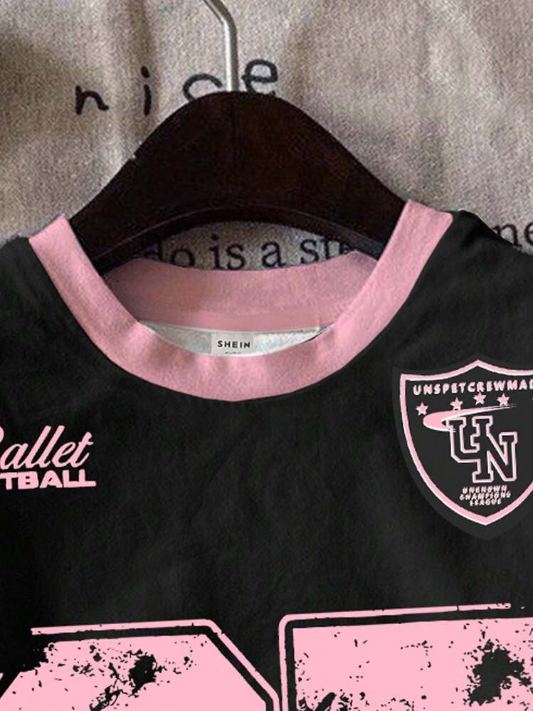 Teen Girls Oversized Graphic Jersey T-Shirt 07 Print Black Pink