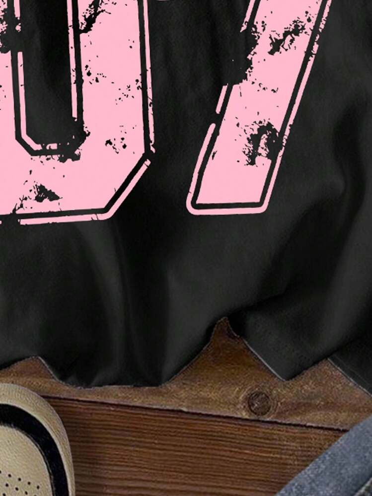 Teen Girls Oversized Graphic Jersey T-Shirt 07 Print Black Pink