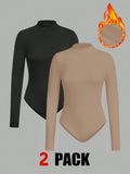 SHEIN EZwear 2pcs Women's Thermal Lined Bodysuit Long Sleeve Khaki