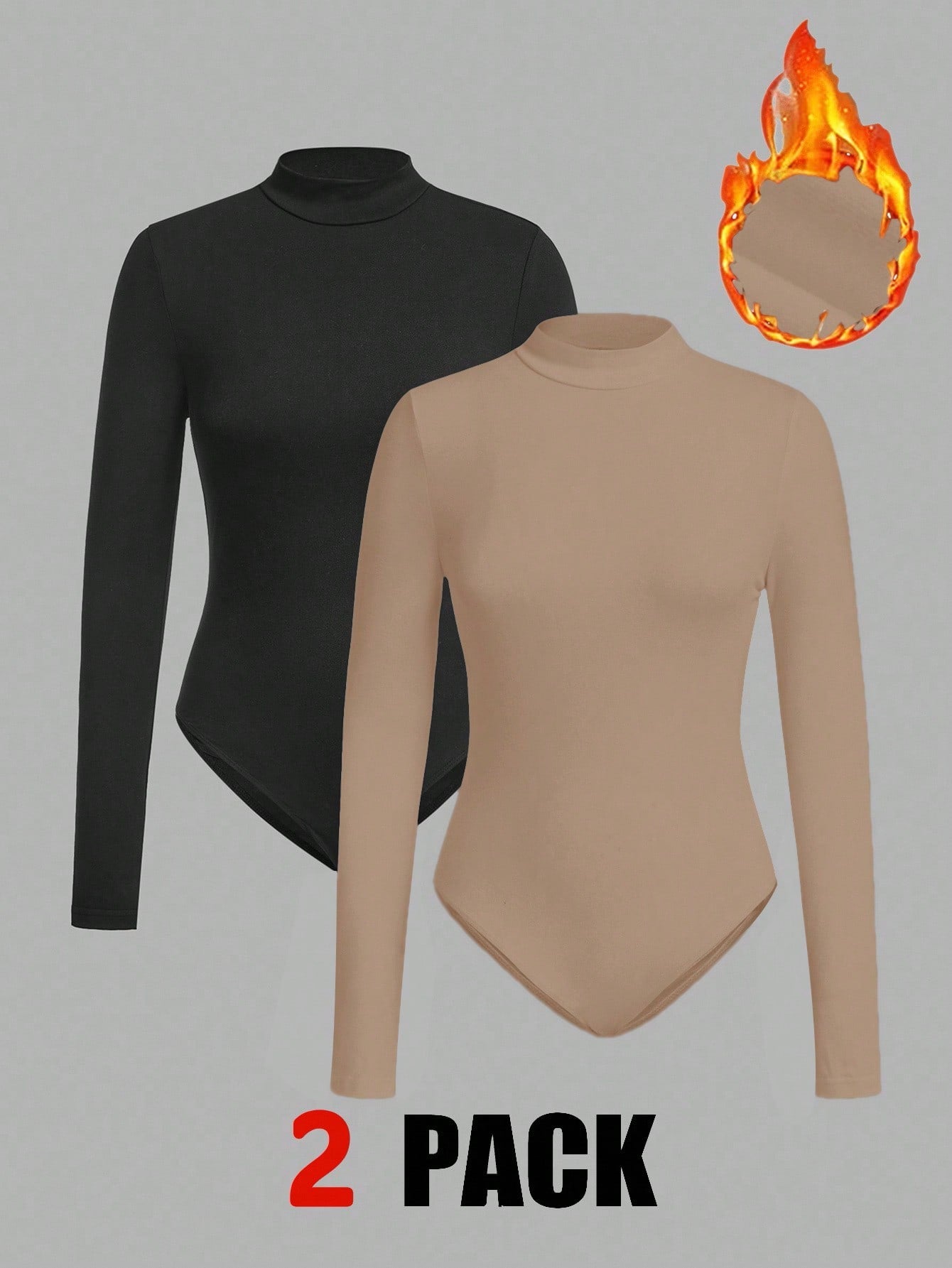 SHEIN EZwear 2pcs Women's Thermal Lined Bodysuit Long Sleeve Khaki