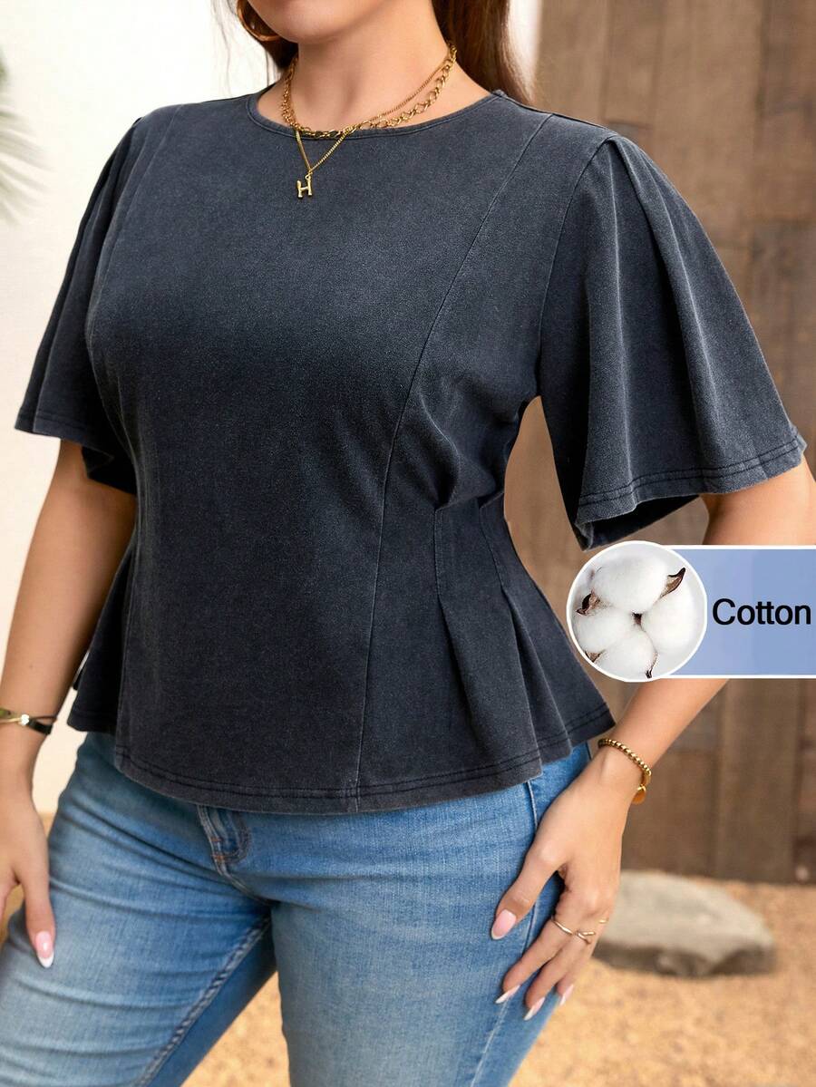 SHEIN Clasi Plus Size Washed T-Shirt Pleated Detail Dark Grey
