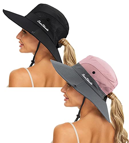Pogah Women's Summer Sun Hat Foldable UV Protection Ponytail Hole