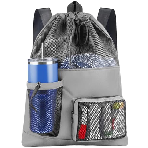 HOHOM Swim Mesh Beach Bag Large 40L Drawstring Backpack