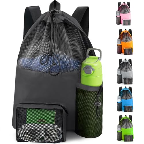 HOHOM Swim Mesh Beach Bag Large 40L Drawstring Backpack