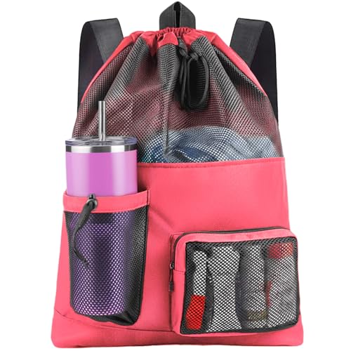 HOHOM Swim Mesh Beach Bag Large 40L Drawstring Backpack