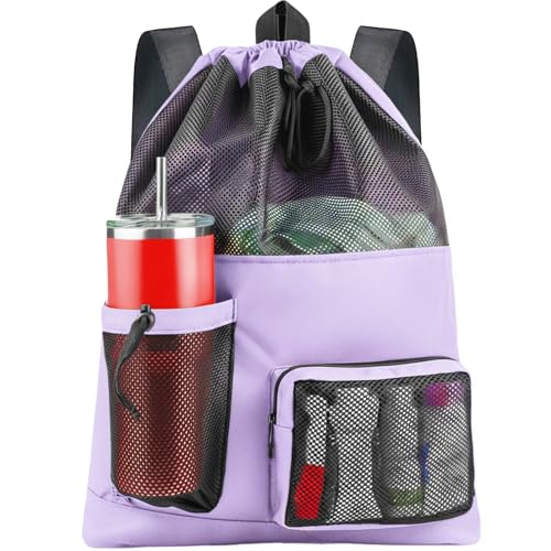 HOHOM Swim Mesh Beach Bag Large 40L Drawstring Backpack